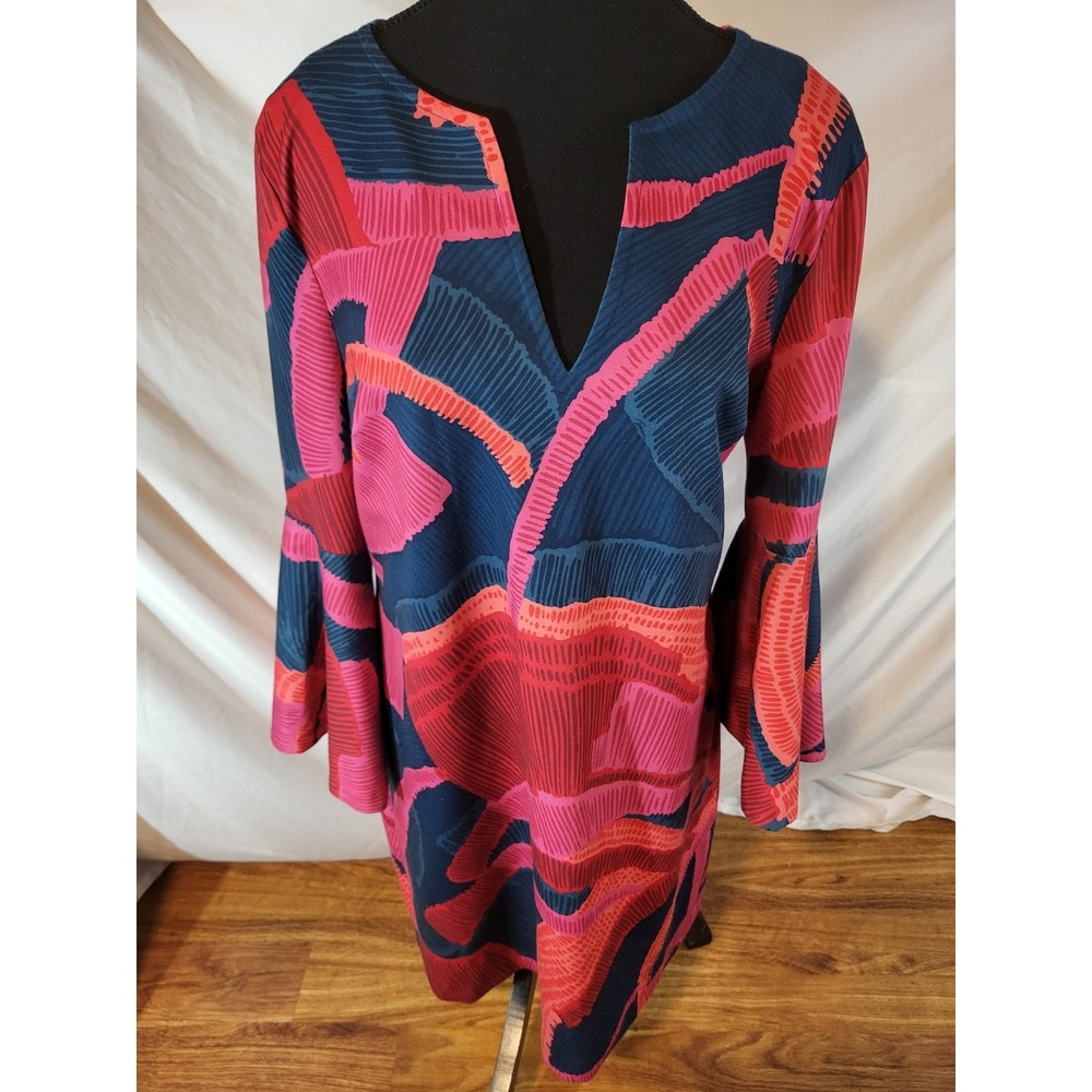 Trina Turk Navy, Pink & Red Long Sleeve Abstract Tunic Dress